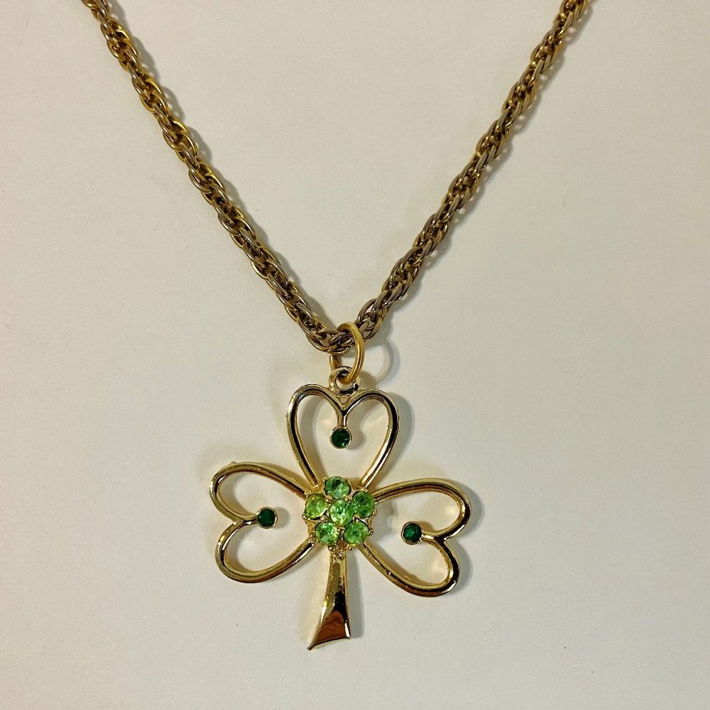 Beatrix Shamrock Pendant Gold Metal Green Rhinestone Charm Chain Necklace